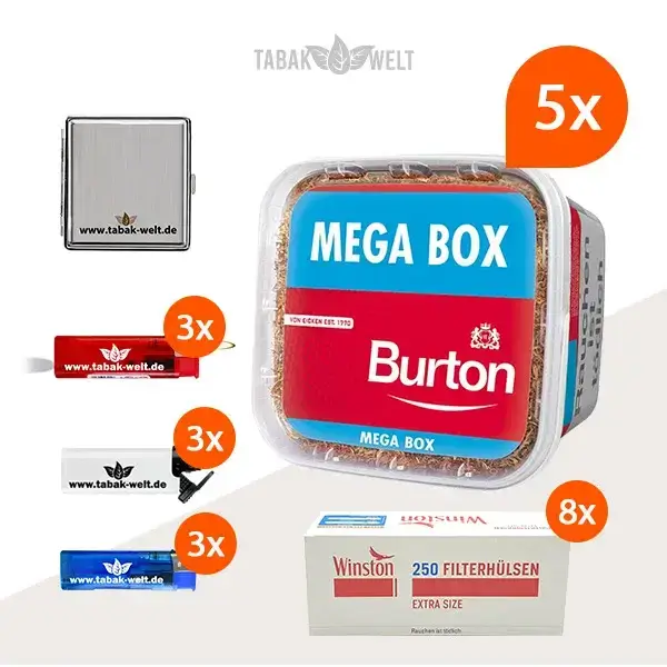 Burton Red Volumentabak 5x Mega Box mit 2000 Extra Size Hülsen Metall Etui 