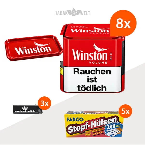 Winston Red Volumentabak S 8 x Dose mit 1000 King Size Hülsen und Stopftablett