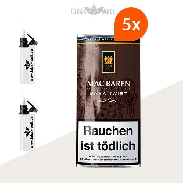 Mac Baren Dark Twist Pfeifentabak 5-Pouch-Set mit Feuerzeugen