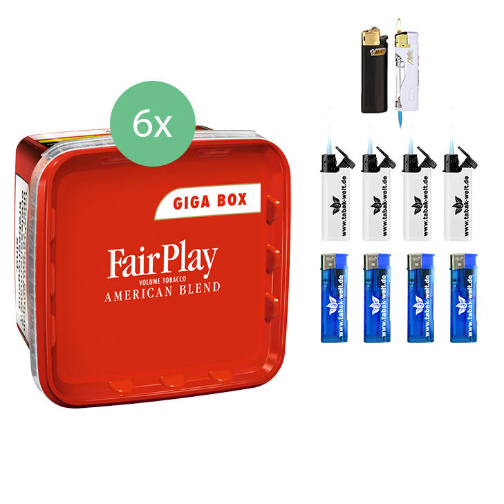 Fair Play Volumentabak 6 x Giga Box mit Feuerzeugen