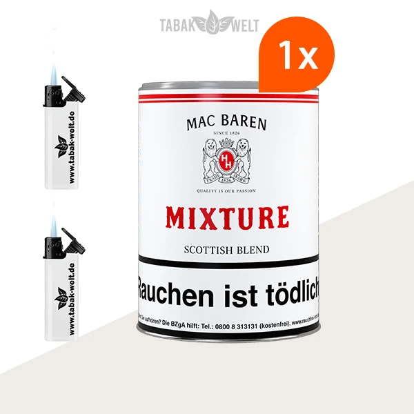 Mac Baren Mixture Pfeifentabak in einer großen Dose inklusive Feuerzeugen.