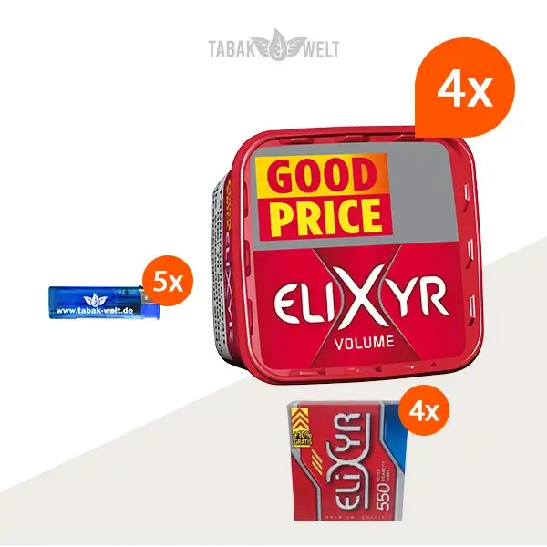Elixyr Volumentabak Red 4 x Eimer mit 2200 Filterhülsen und Feuerzeugen