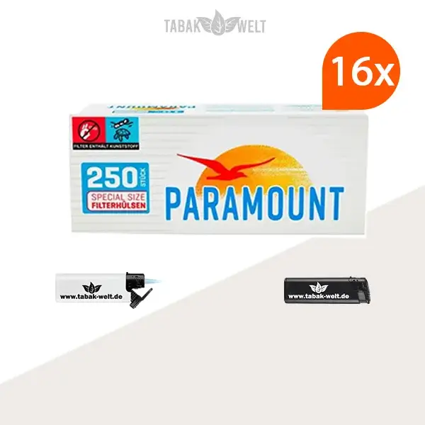 16x Paramount Blue Special Size Filterhülsen 250er (4000 Stück) mit Feuerzeugen
