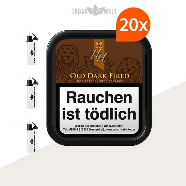 HH Old Dark Fired Pfeifentabak – 20 Dosen mit Feuerzeugen im Set