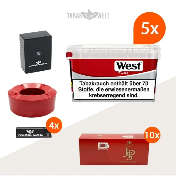 west-red-volumentabak-5x-mega-box-mit-2000-huelsen-und-windaschenbecher