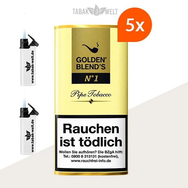 Golden Blend’s No. 1 Pfeifentabak – 5 Pouch-Beutel mit Feuerzeugen
