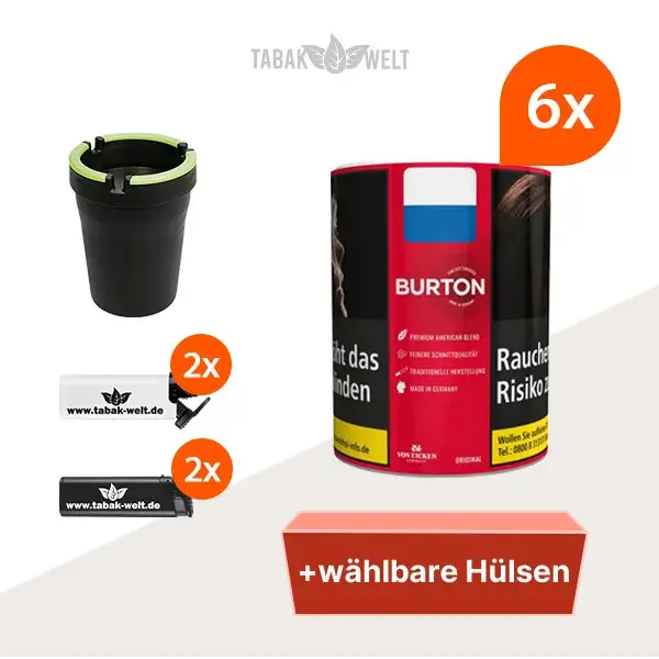 Burton Original Feinschnitt-Tabak 6x Dose mit wĂ€hlbaren HĂŒlsen und Auto-Aschenbecher Burton Original Feinschnitt-Tabak 6x Dose mit wĂ€hlbaren HĂŒlsen und Auto-Aschenbecher