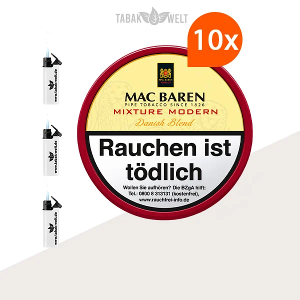 Mac Baren Mixture Modern Pfeifentabak 15er-Dosen-Set mit Feuerzeugen