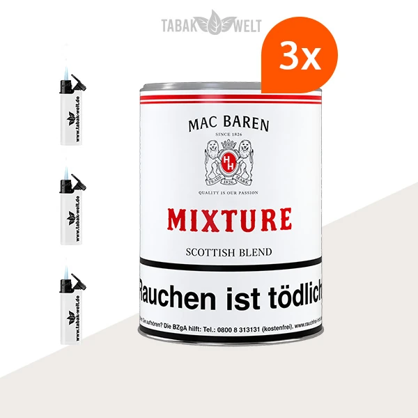 Mac Baren Mixture Pfeifentabak im 3er-Set mit großen Dosen inklusive Feuerzeugen.