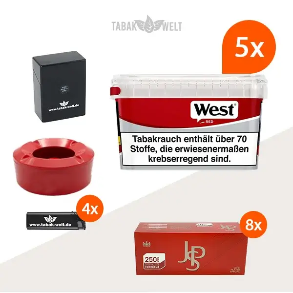 west-red-volumentabak-5x-mega-box-mit-2000-special-size-huelsen-und-windaschenbecher