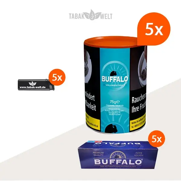 buffalo-blue-volumentabak-5x-dose-mit-1000-filterhuelsen-und-feuerzeugen