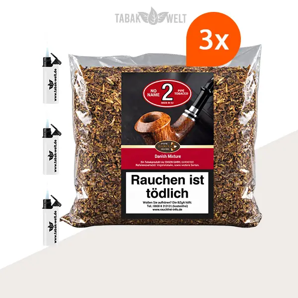No Name No. 2 Danish Mixture Pfeifentabak – 3 Beutel mit Feuerzeugen