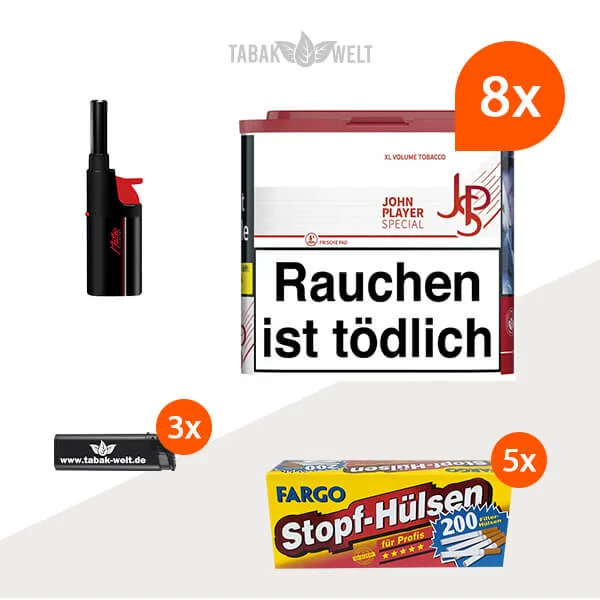JPS Red Volumentabak 8x Dose mit 1000 Filterhülsen und Stabfeuerzeug