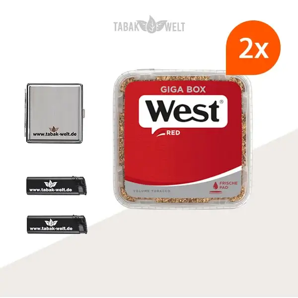 west-red-volumentabak-2x-giga-box-mit-feuerzeugen-und-metall-etui