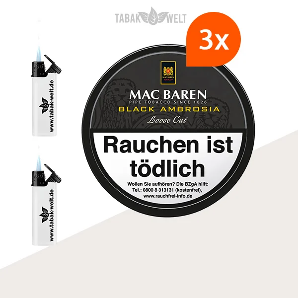 Mac Baren Black Ambrosia Pfeifentabak – 3 x Dose mit Feuerzeugen