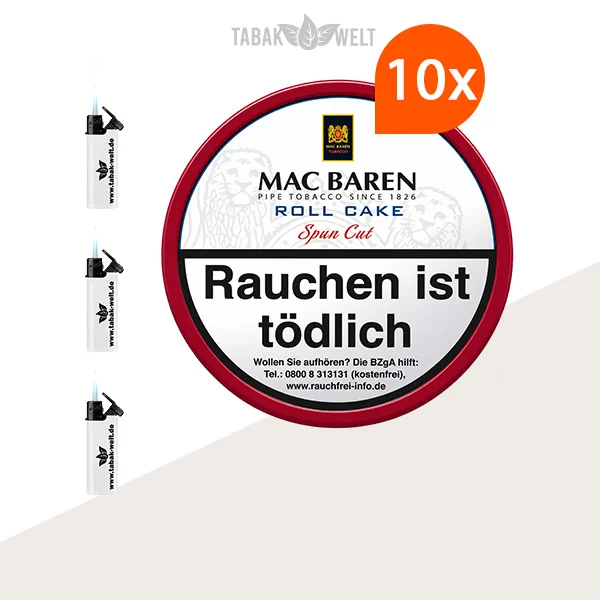 Mac Baren Roll Cake Pfeifentabak – 10 Dosen mit Feuerzeugen