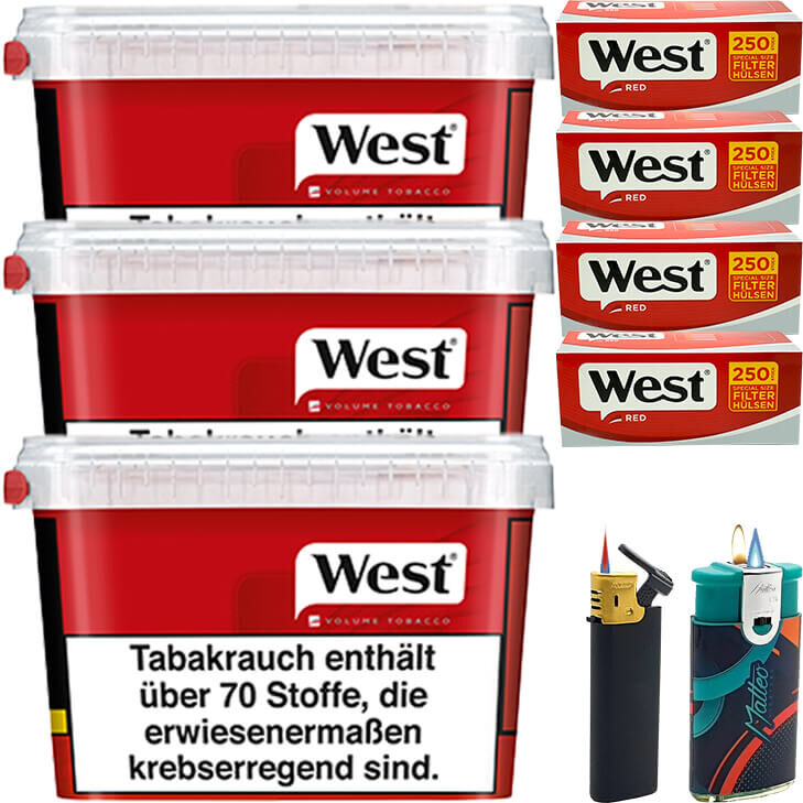 West Tabak Red 3 x Mega Box mit 1000 Extra Size Hülsen