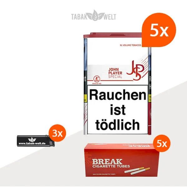 JPS XL Red Volumentabak 5x Dose mit 1000 Hülsen und Feuerzeugen