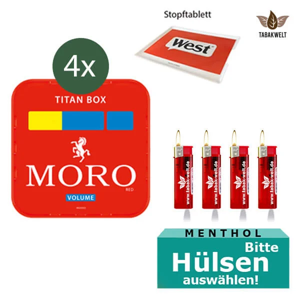 Moro Volumentabak 4 x Titan Box mit wählbaren Hülsen und Stopftablett