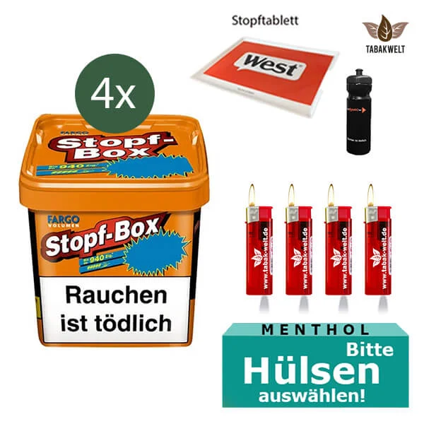 Fargo Volumentabak 4 x Stopf-Box XXL mit wählbaren Menthol Filterhülsen