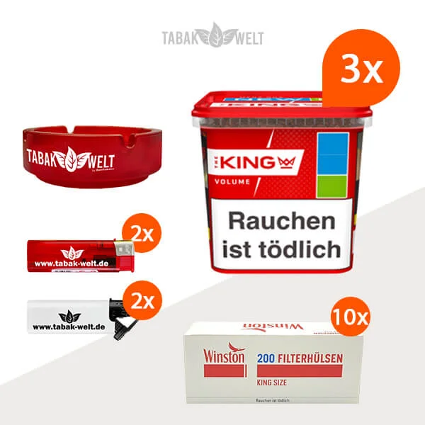 King Red Volumentabak 3x Mega-Box und mit 2000 King Size Hülsen und Glas Aschenbecher