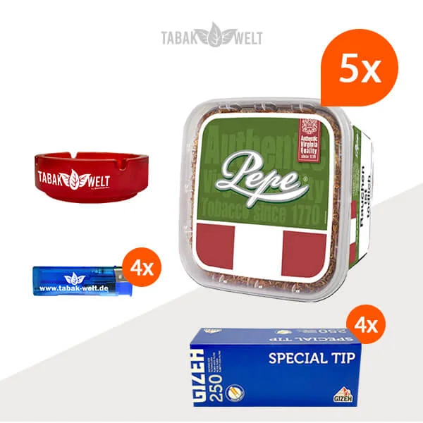 Pepe Volumentabak Rich Green 5 x Eimer mit 1000 Special Tip Hülsen und Feuerzeugen pepe-rich-green-volumentabak-5-Eimer-mit-gizeh-blue-hulsen-TX15530.3