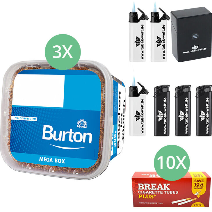 Burton Blue Tabak 3 x Mega Box mit 2000 Plus Hülsen