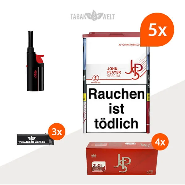 JPS XL Red Volumentabak 5x Dose mit 1000 Special Size Hülsen und Sturmfeuerzeug