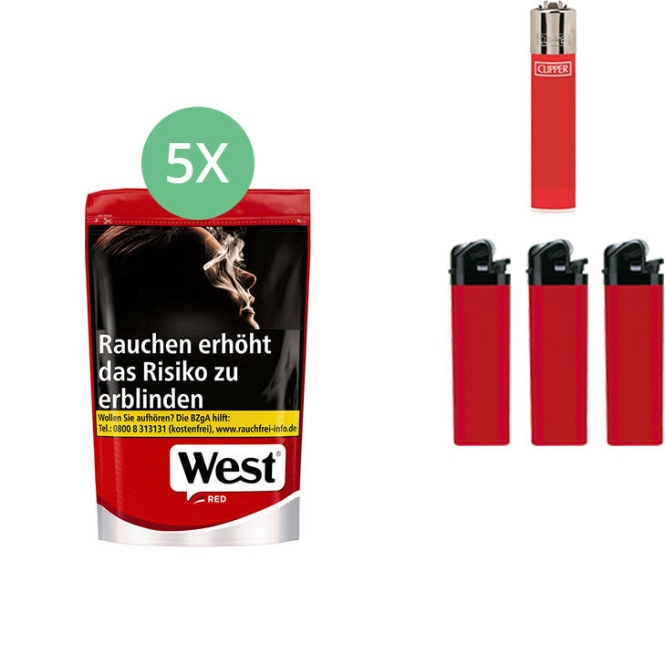 West Tabak XL Red 5 x Beutel mit Feuerzeugen