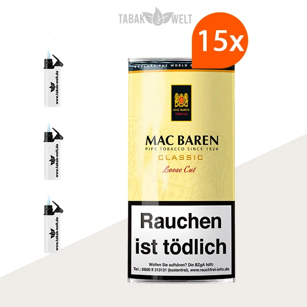Mac Baren Classic Loose Cut Pfeifentabak – 15x Pouch mit Feuerzeugen
