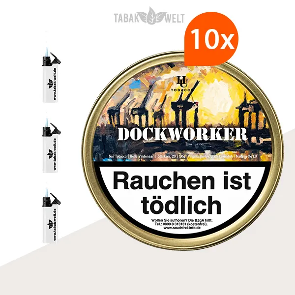 HU Tobacco Dockworker Flake Pfeifentabak 10 Dosen mit Feuerzeugen