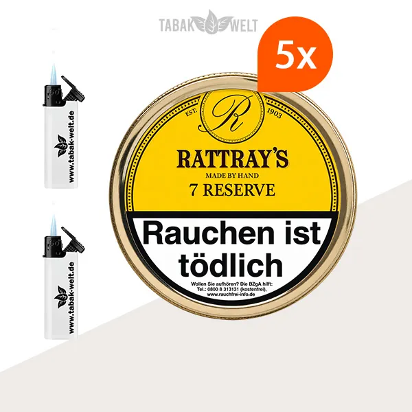 Rattray’s British Selection Sir William Pfeifentabak im 5er-Dosen-Set inklusive Feuerzeugen.