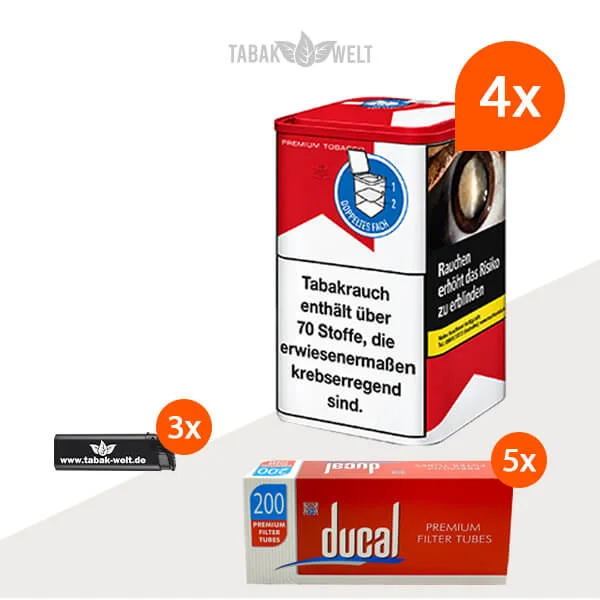 Marlboro Red Feinschnitt-Tabak 4x Dose mit 1000 Premium Hülsen und Feuerzeugen