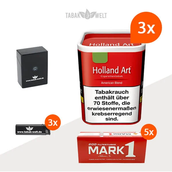 Holland Art American Blend Rot Feinschnitt Tabak 3x Dose mit 1000 King Size Hülsen und Etui