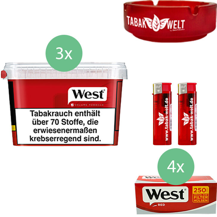 West Tabak Red 3 x Mega Box mit 1000 Extra Size Hülsen, Aschenbecher
