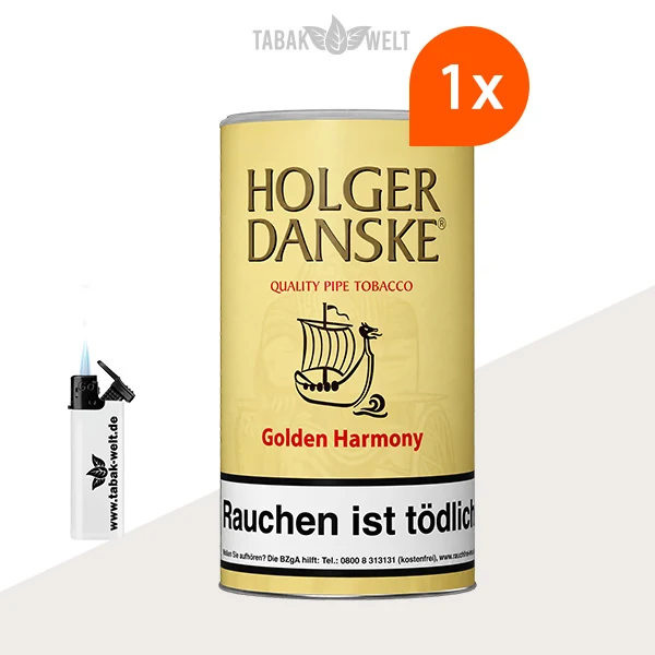 Holger Danske Golden Harmony Pfeifentabak – 1 Dose mit Feuerzeugen im Set