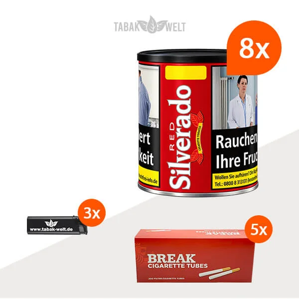 Silverado Red Cigarette Tobacco Wide Cut im 8er-Pack mit acht Dosen und insgesamt 1.000 Hülsen
