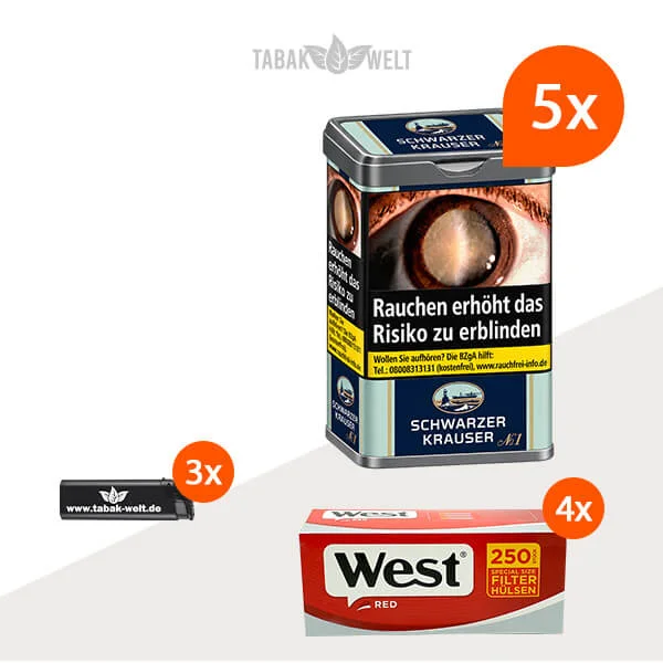 Schwarzer Krauser No. 1 Feinschnitt-Tabak, 5 Dosen mit insgesamt 1.000 Special-Size-Filterhülsen.