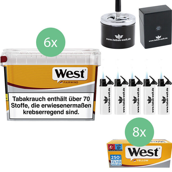 West Yellow Tabak Tabak Für Zigaretten -Box Mit 3x 235g Stopftabak, 1500 Red Extra Hülsen & Feuerzeugen – Volumentabak Antike Tabakdose 1000 Zünder Feuerzeug